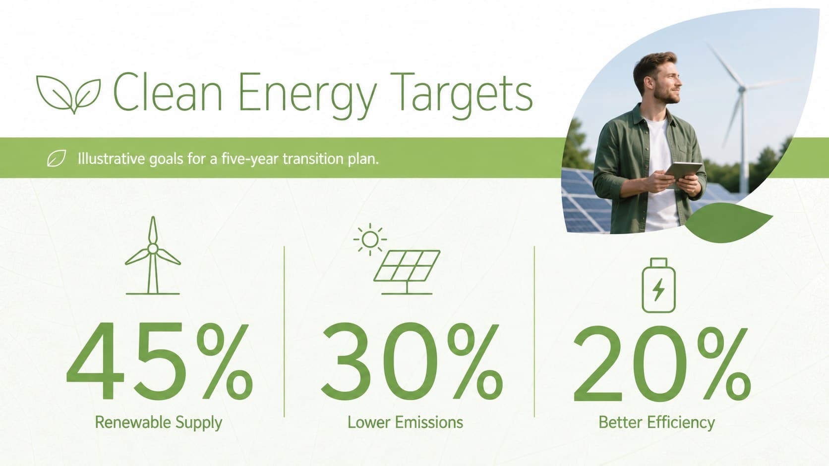 Renewable energy presentation slide displaying clean-power targets with green data graphics.