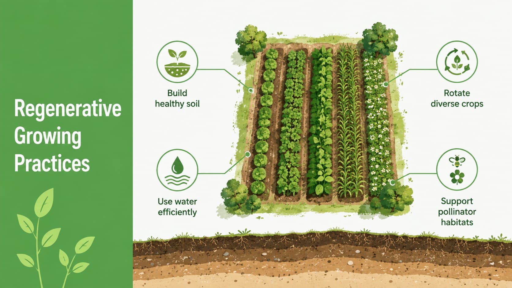 Organic agriculture presentation template slide explaining soil, crop, water, and habitat practices.