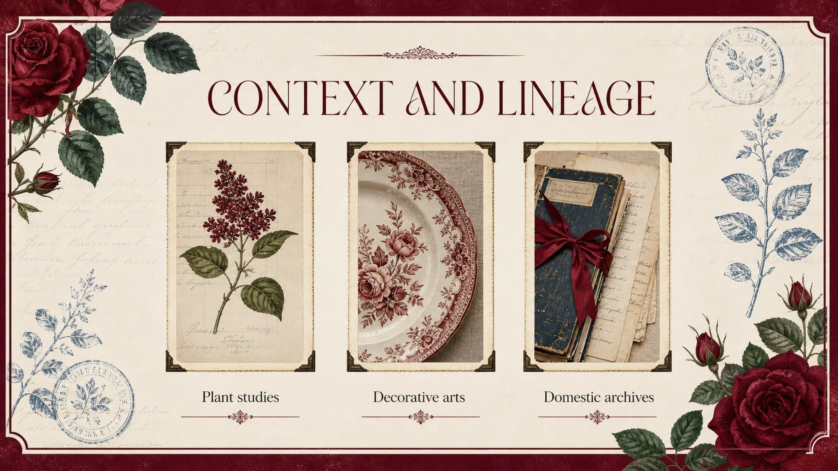 Visual arts research deck context slide combining archival image spaces with vintage red botanical decoration.