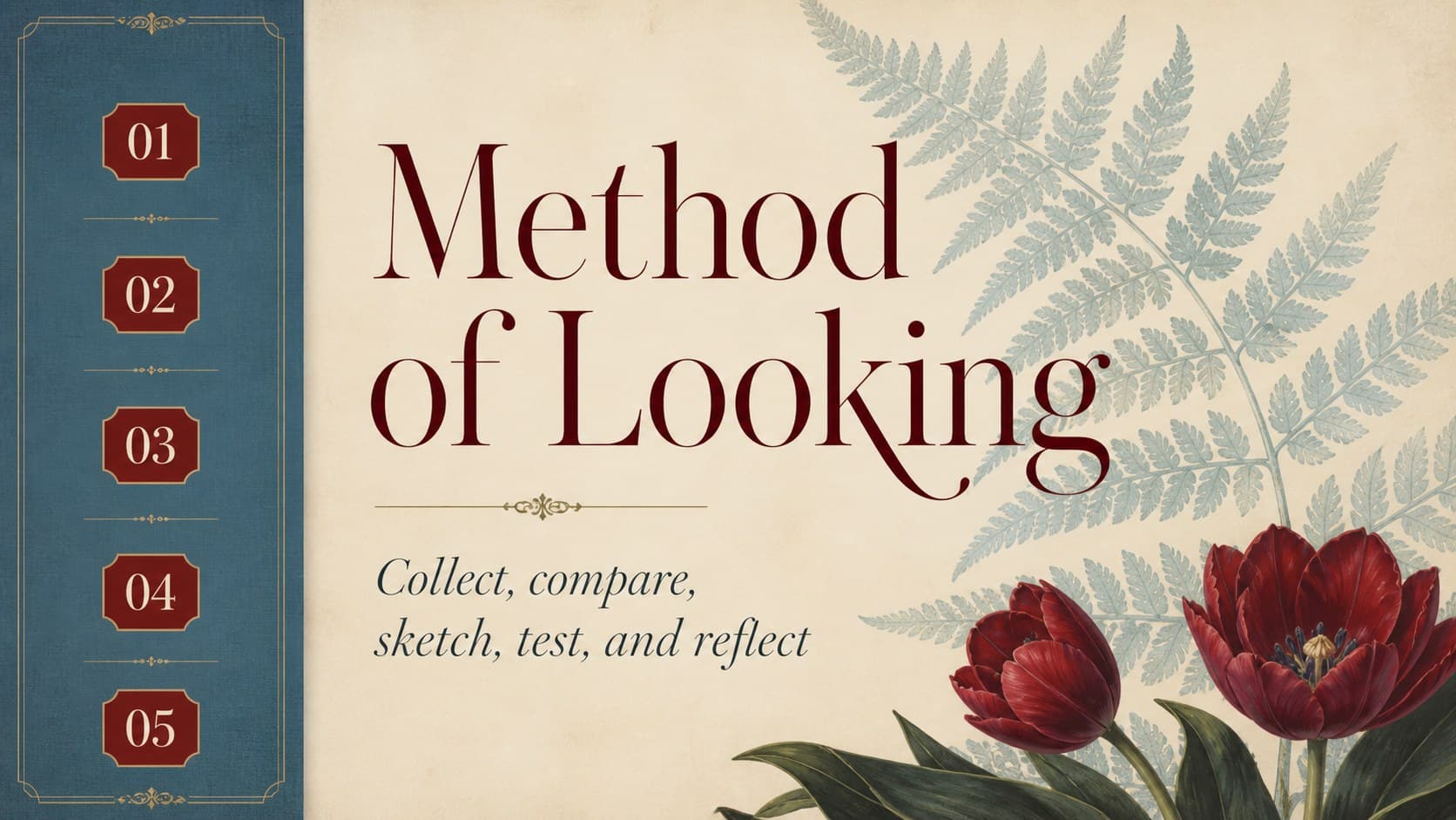 Floral research presentation method slide with an editorial two-column structure in crimson and pale blue.