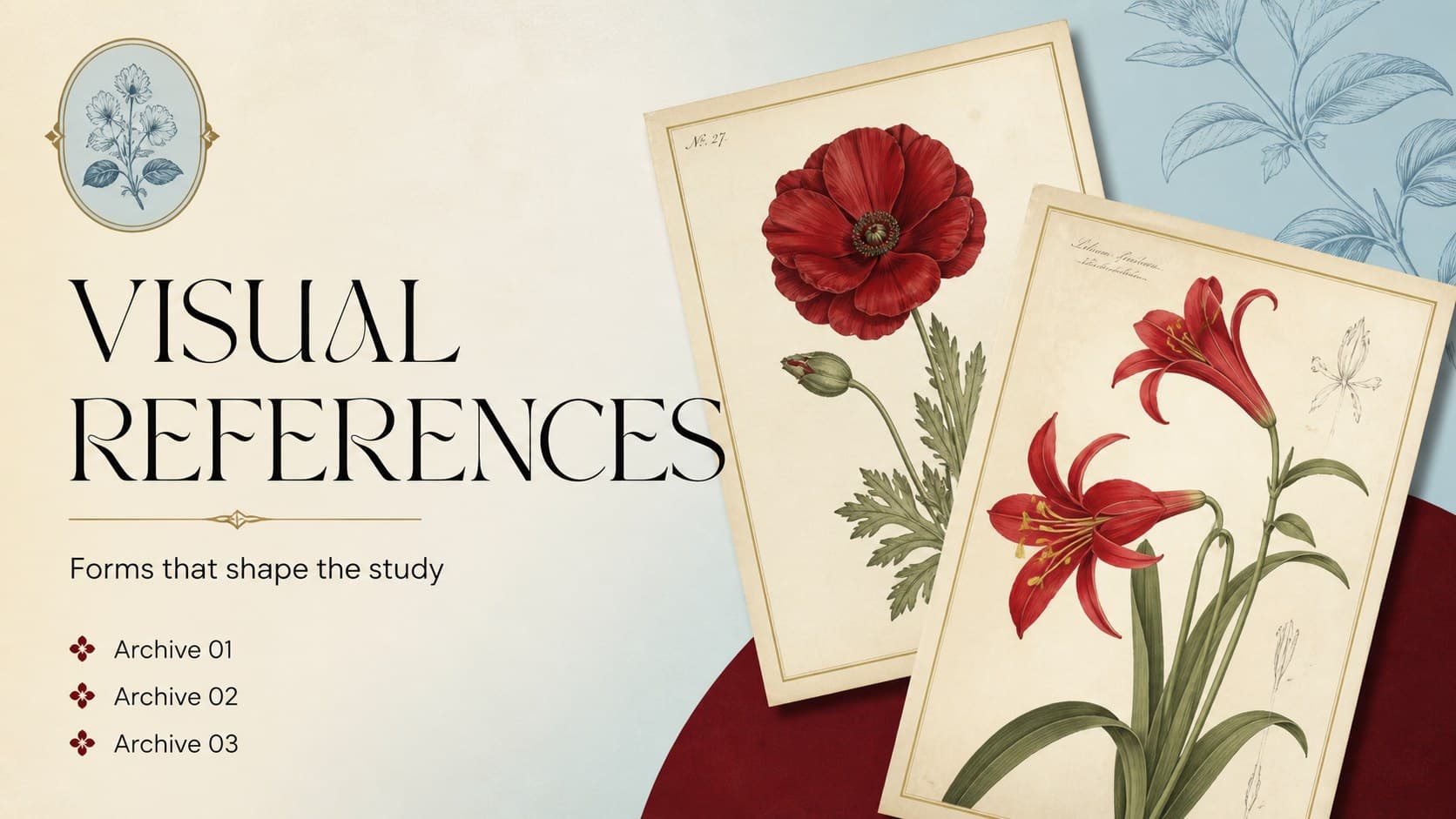 Botanical thesis research deck visual references slide with framed artwork placeholders and red floral accents.