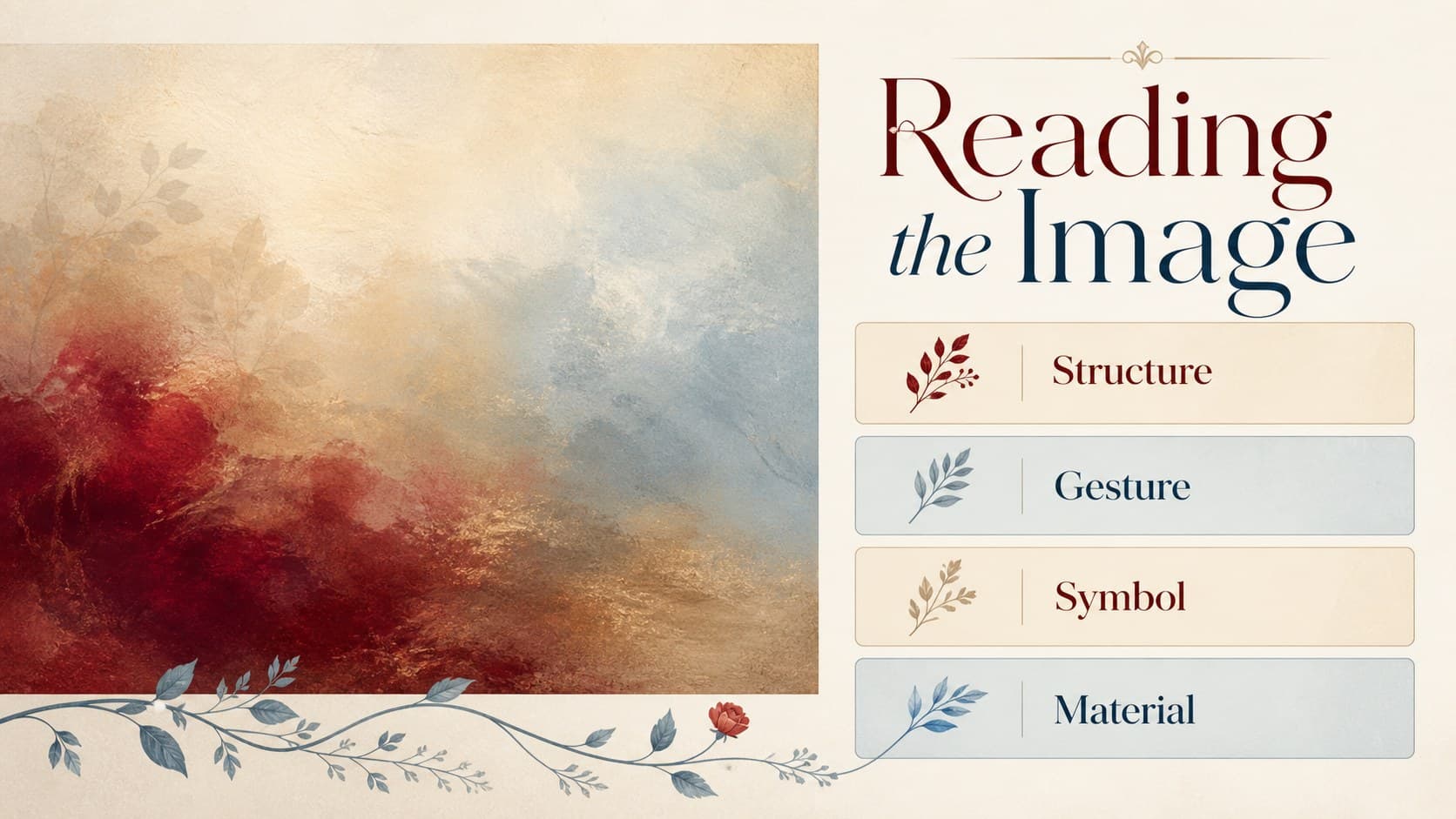 Art history presentation template analysis slide with a large image area, annotation labels, and crimson botanical motifs.