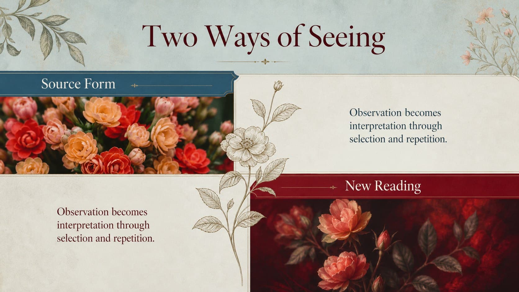 Botanical art thesis slides comparison layout with paired visual studies and a refined red and blue editorial palette.