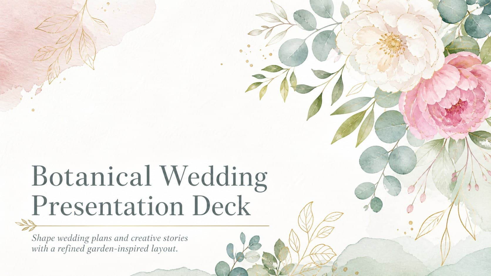 Cover of a botanical wedding presentation deck with painted flowers, delicate greenery, and subtle gold accents.