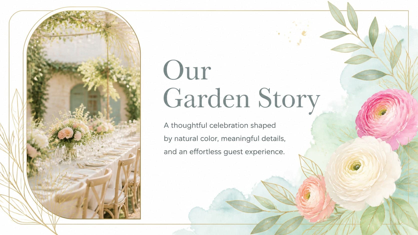 Botanical wedding presentation deck introduction slide featuring a garden photograph and an elegant planning statement.