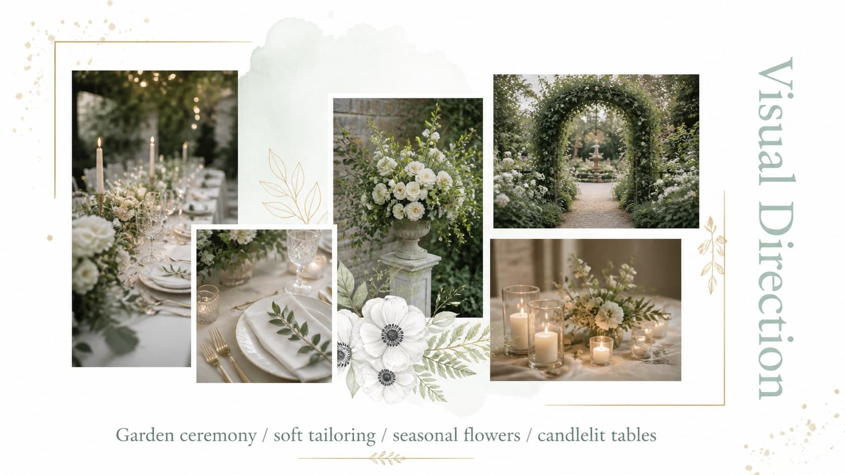 Minimal wedding mood board template showing venue, floral, stationery, and table styling inspiration.