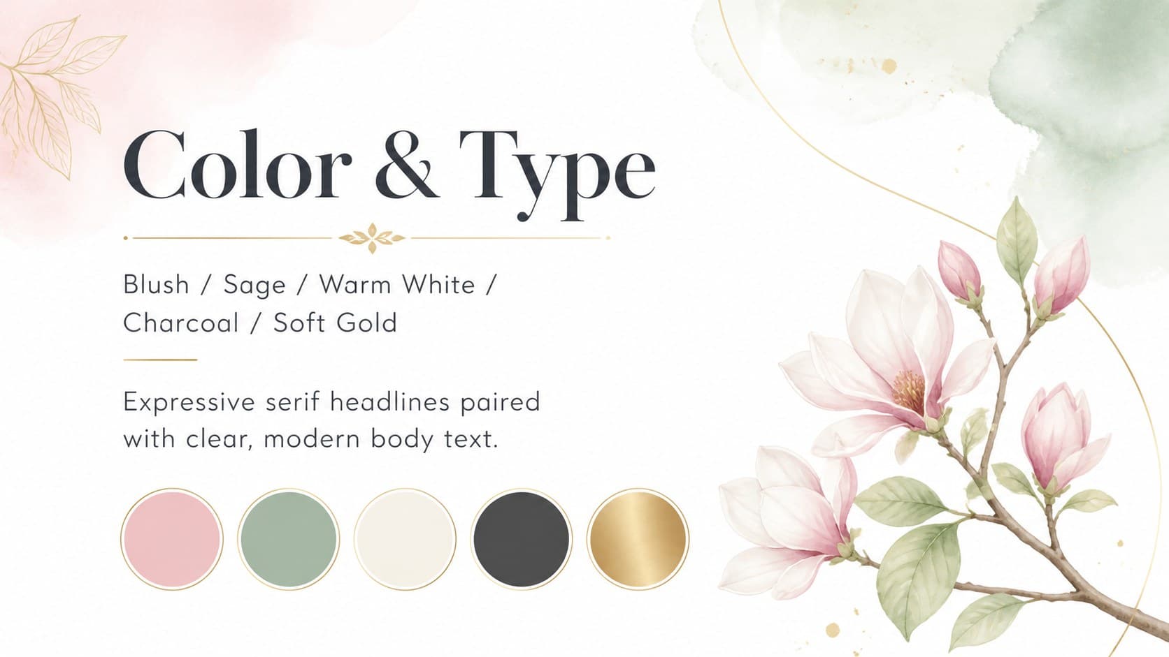 Color and typography guide for a botanical event proposal in blush, sage, white, charcoal, and gold.