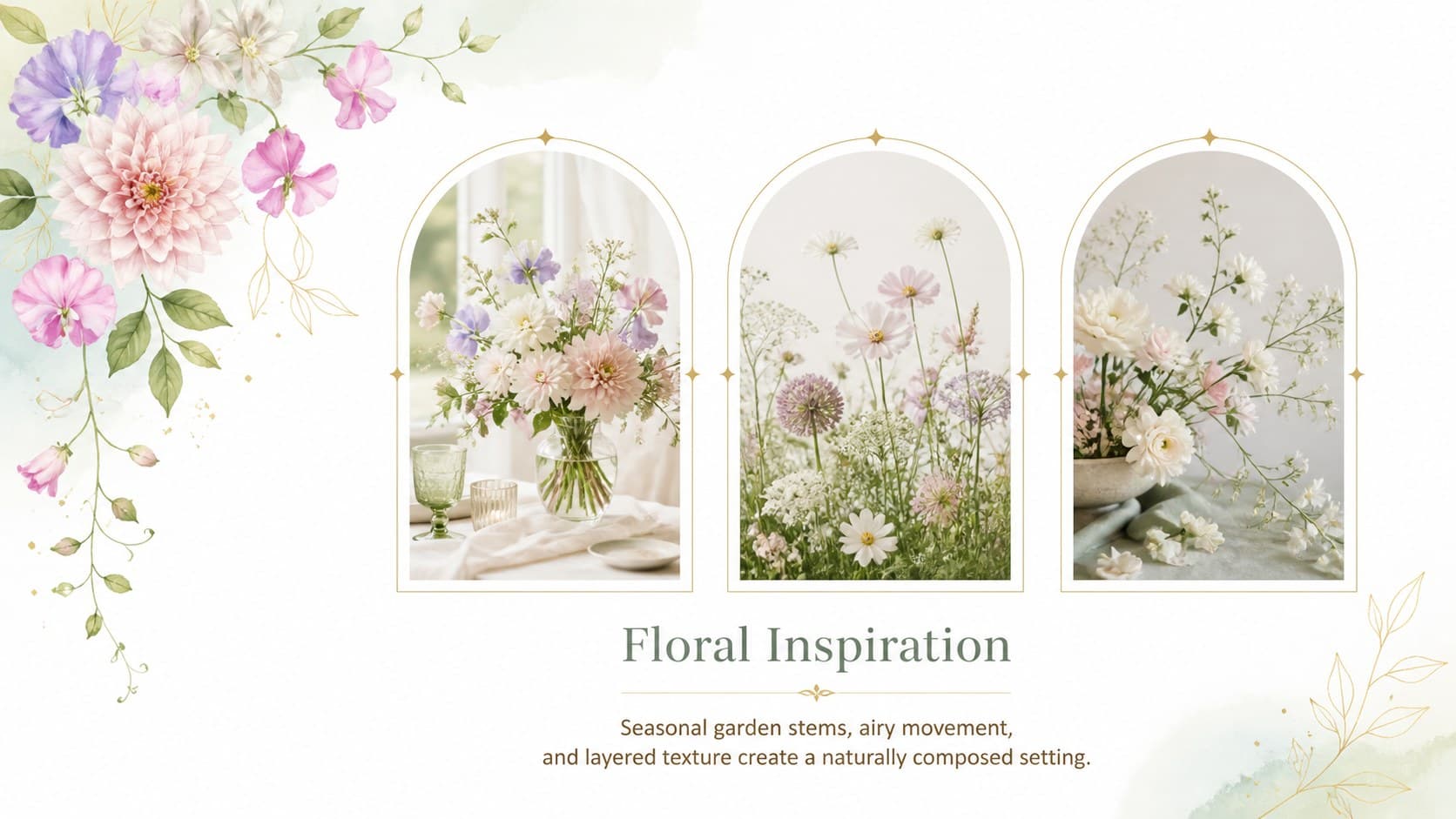 Elegant florist portfolio slide presenting seasonal bouquets and botanical styling notes.