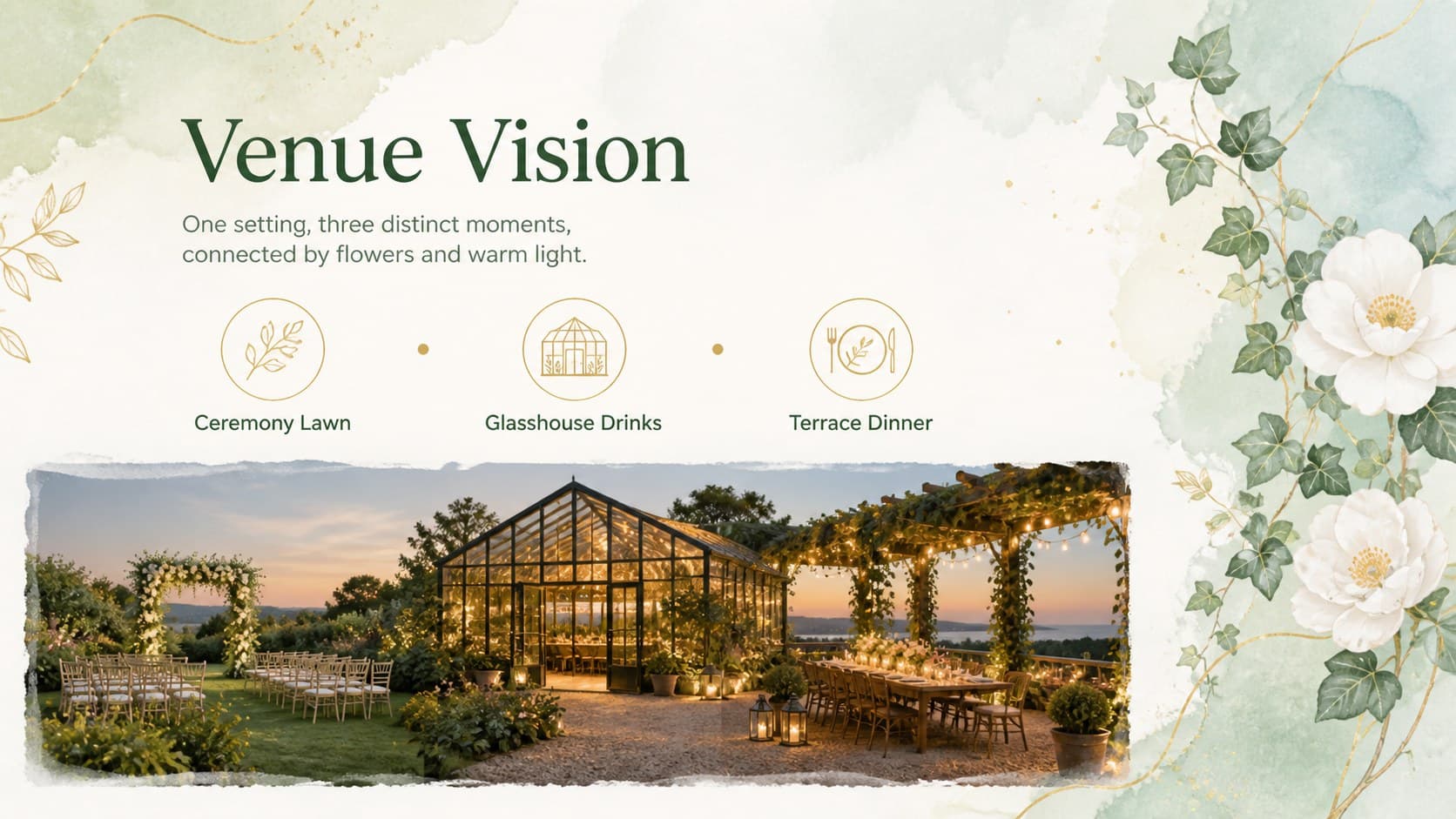 Garden-inspired PowerPoint template slide comparing ceremony lawn, glasshouse, and dining terrace spaces.