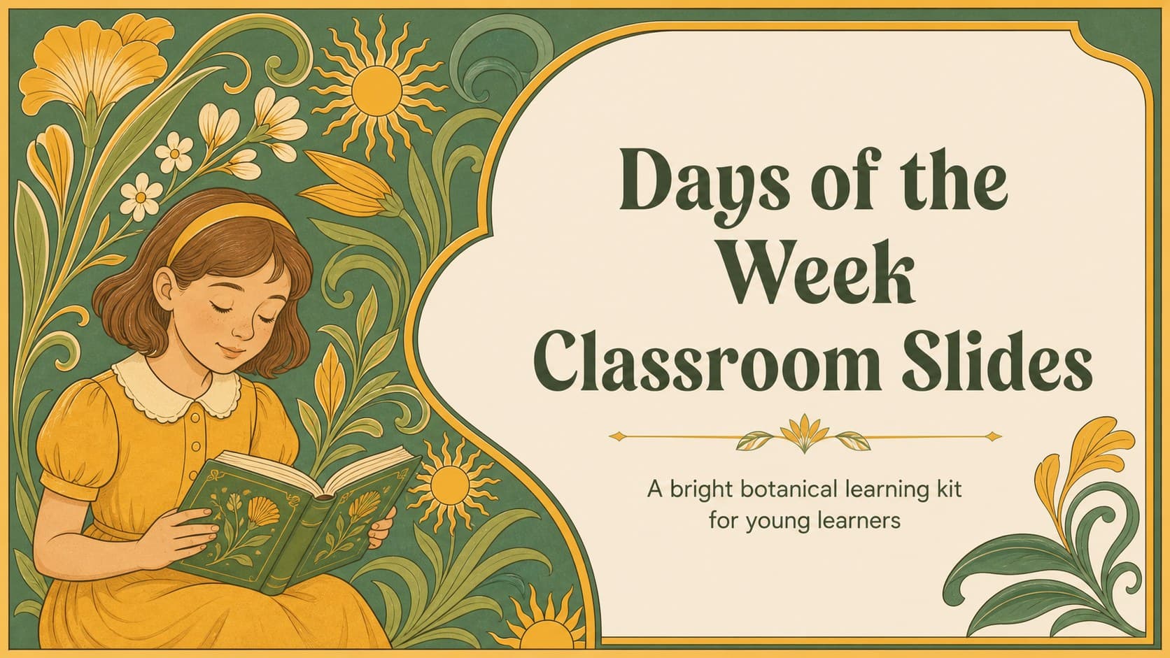 Botanical cover slide introducing days of the week classroom slides with green foliage and yellow floral accents.