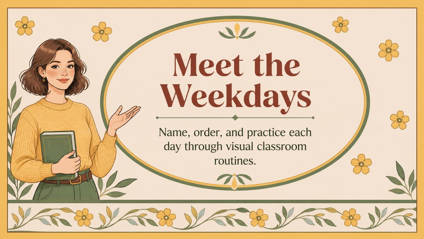 Introduction slide explaining how young learners can explore weekdays through a botanical classroom lesson.