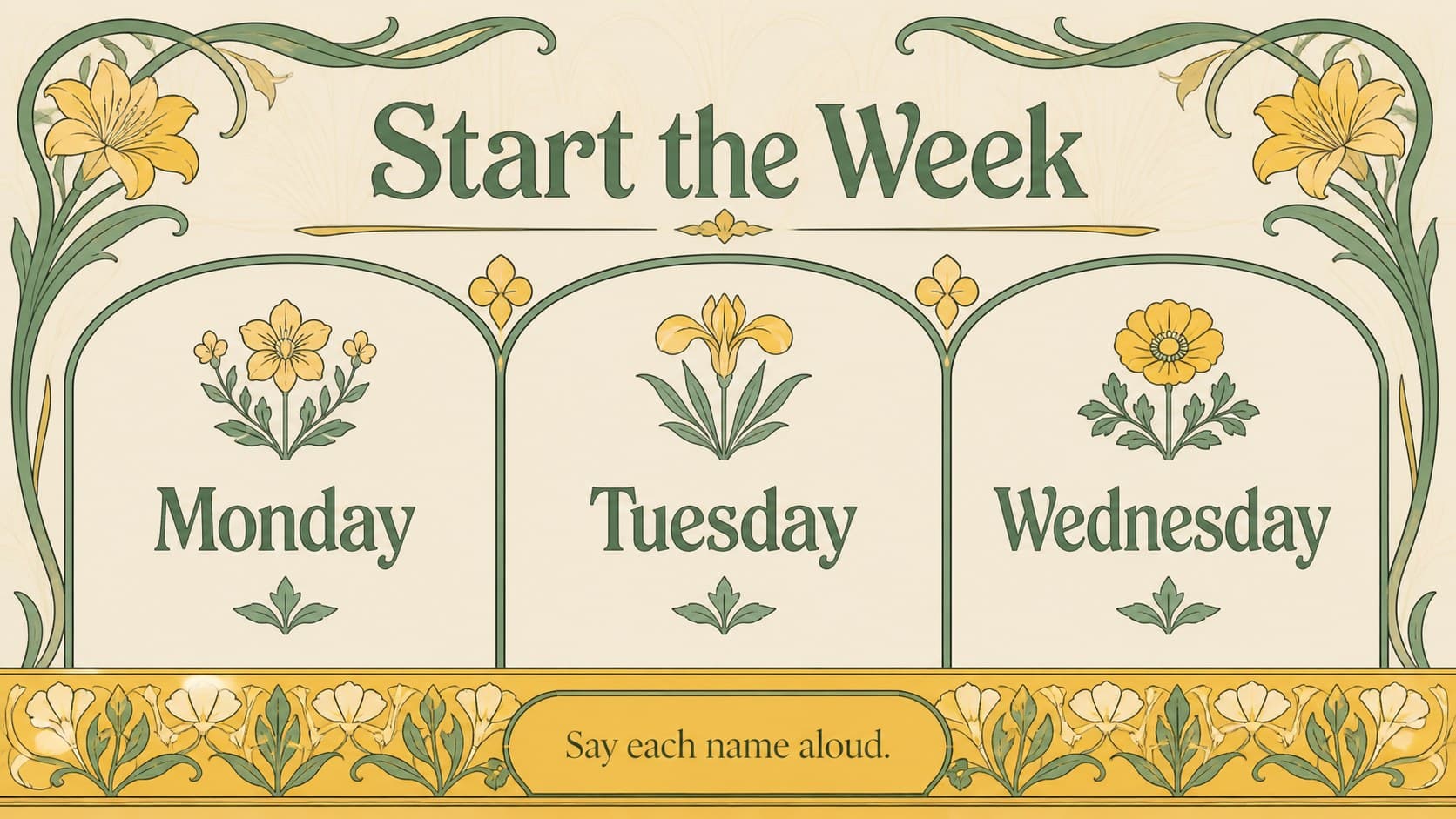 Weekday vocabulary slide presenting Monday through Wednesday with illustrated botanical labels.