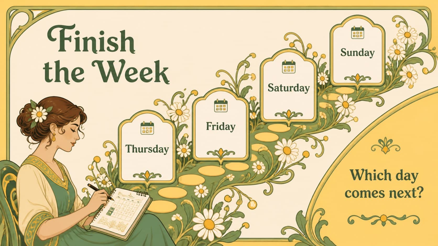 Weekday vocabulary slide showing Thursday through Sunday in an editable classroom learning layout.