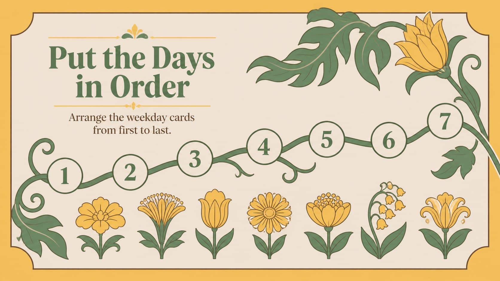 Weekday order activity slide inviting students to arrange days in sequence using floral visual cues.