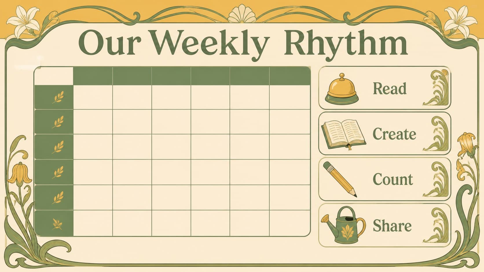 Calendar routine slide connecting weekday names with familiar classroom activities in green and yellow.