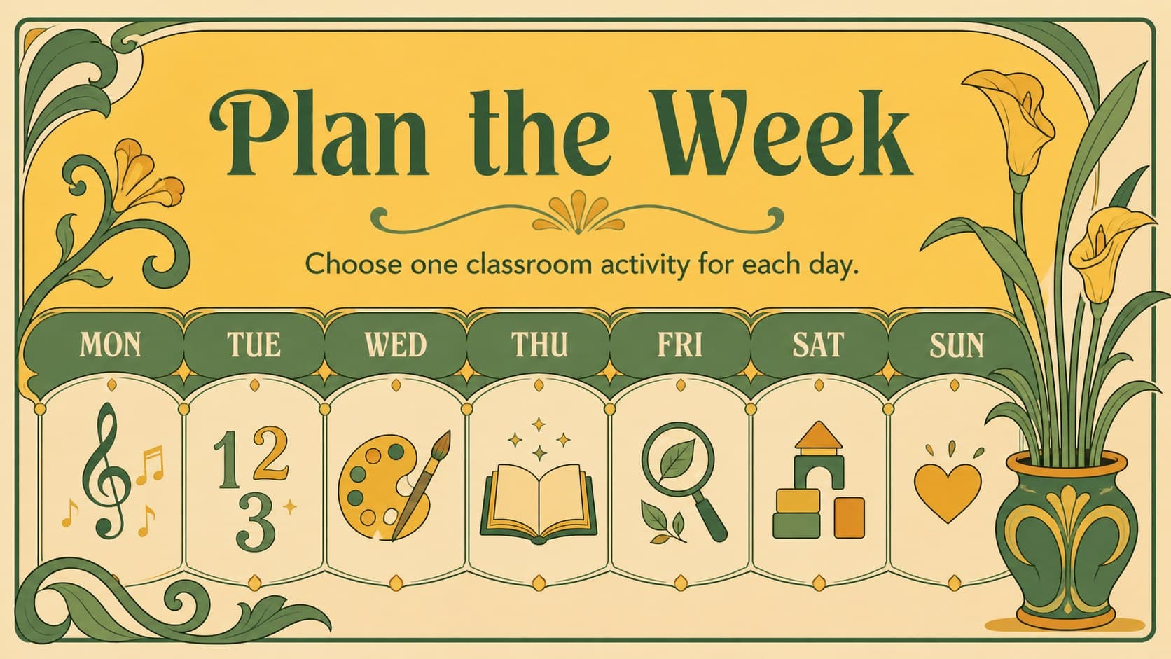 Visual schedule slide showing a simple weekly plan with editable botanical icons and classroom labels.