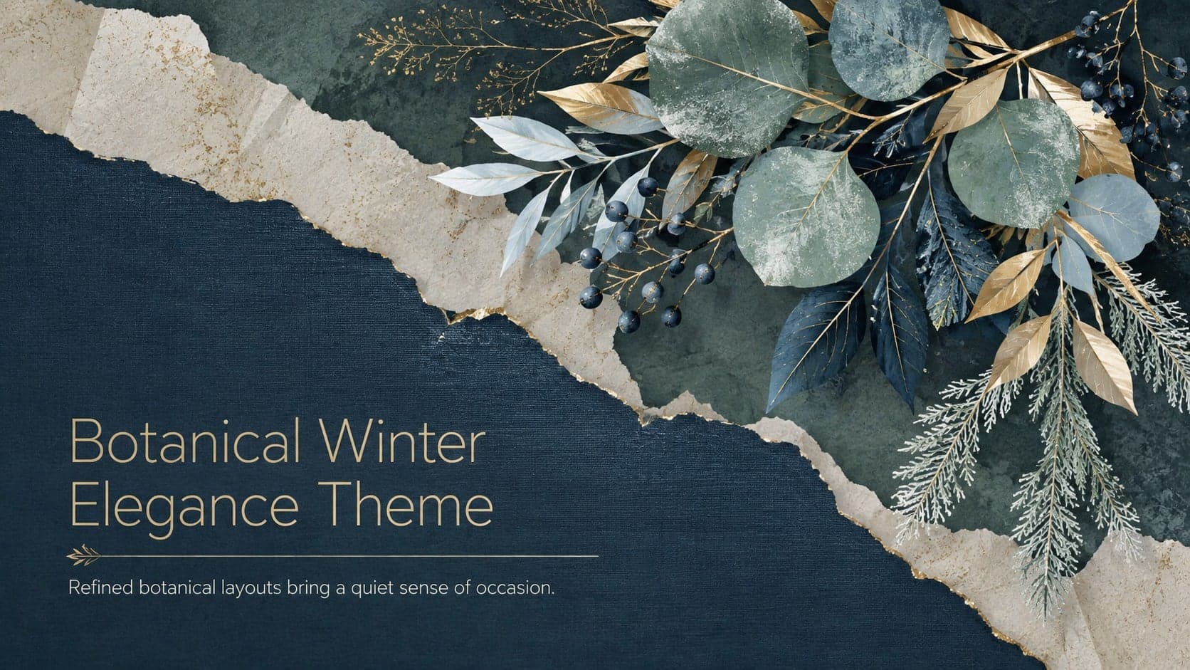 Botanical Winter Elegance Theme cover with gold foliage over a deep blue and forest green background.