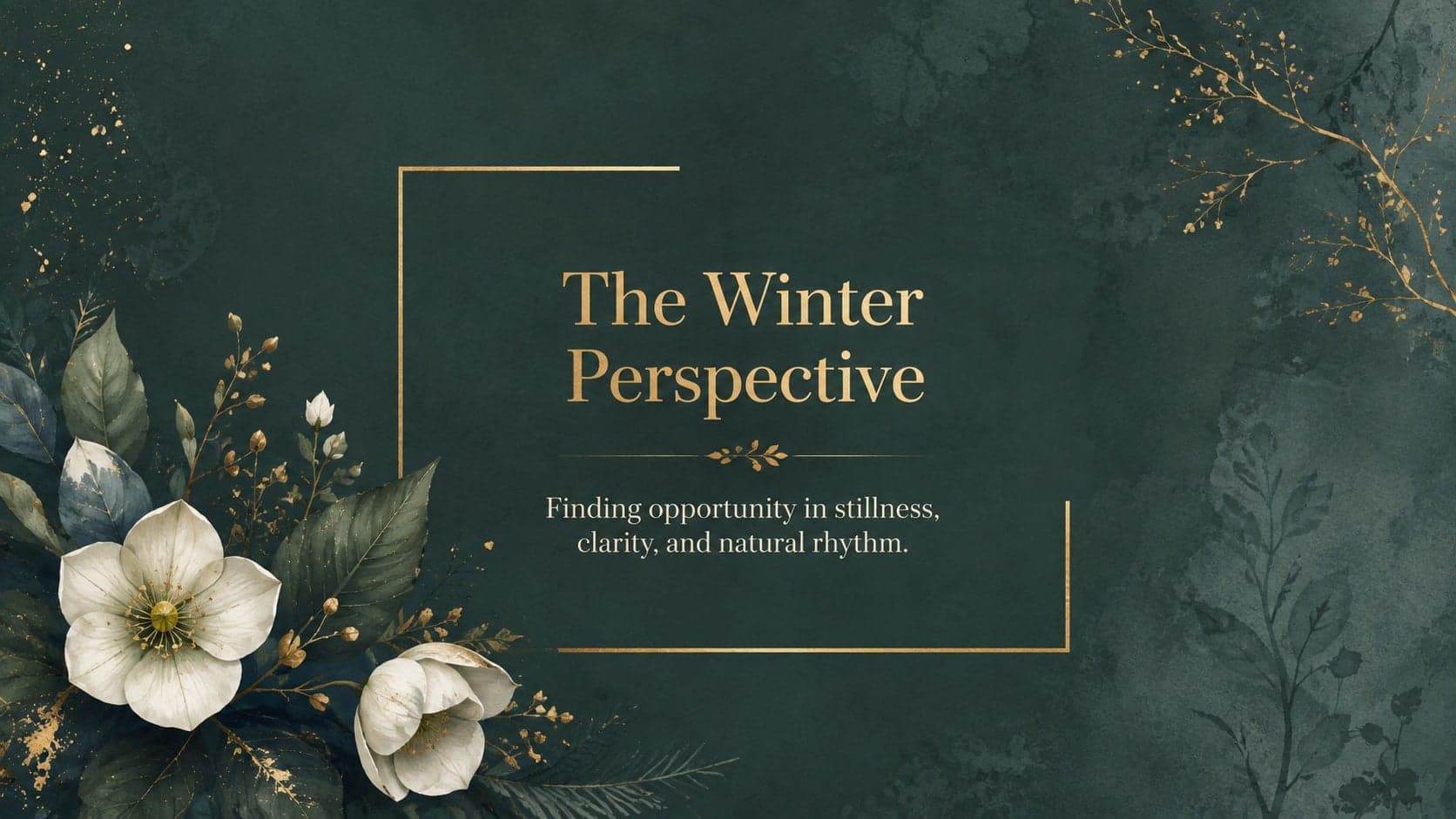 Art nouveau botanical presentation section opener with an ornamental gold frame and winter leaves.