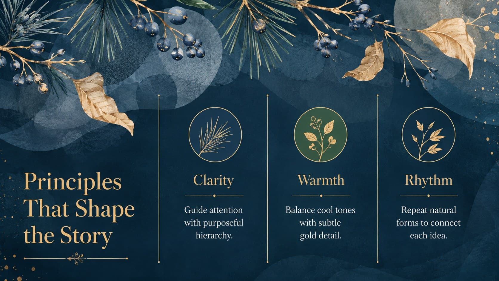 Luxury blue and gold PowerPoint theme slide presenting three seasonal creative principles.