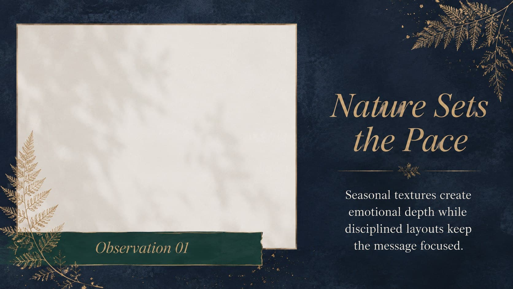Blue botanical pitch deck slide with a large editorial photograph and concise narrative text.