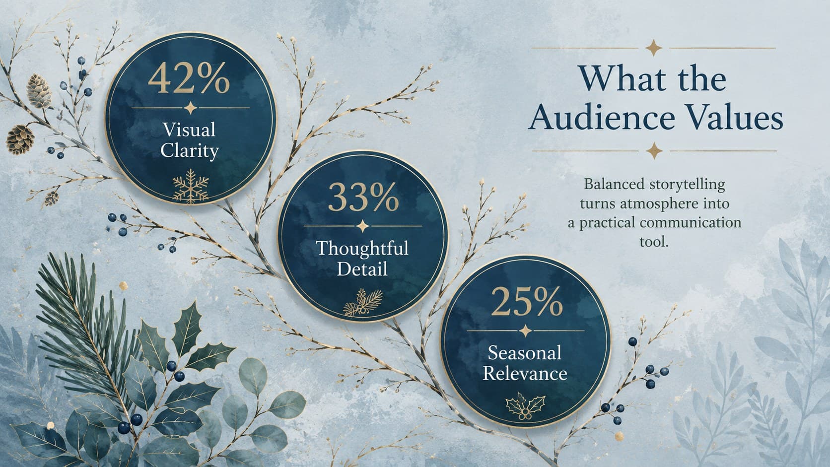 Winter nature business presentation slide comparing audience needs across three refined categories.