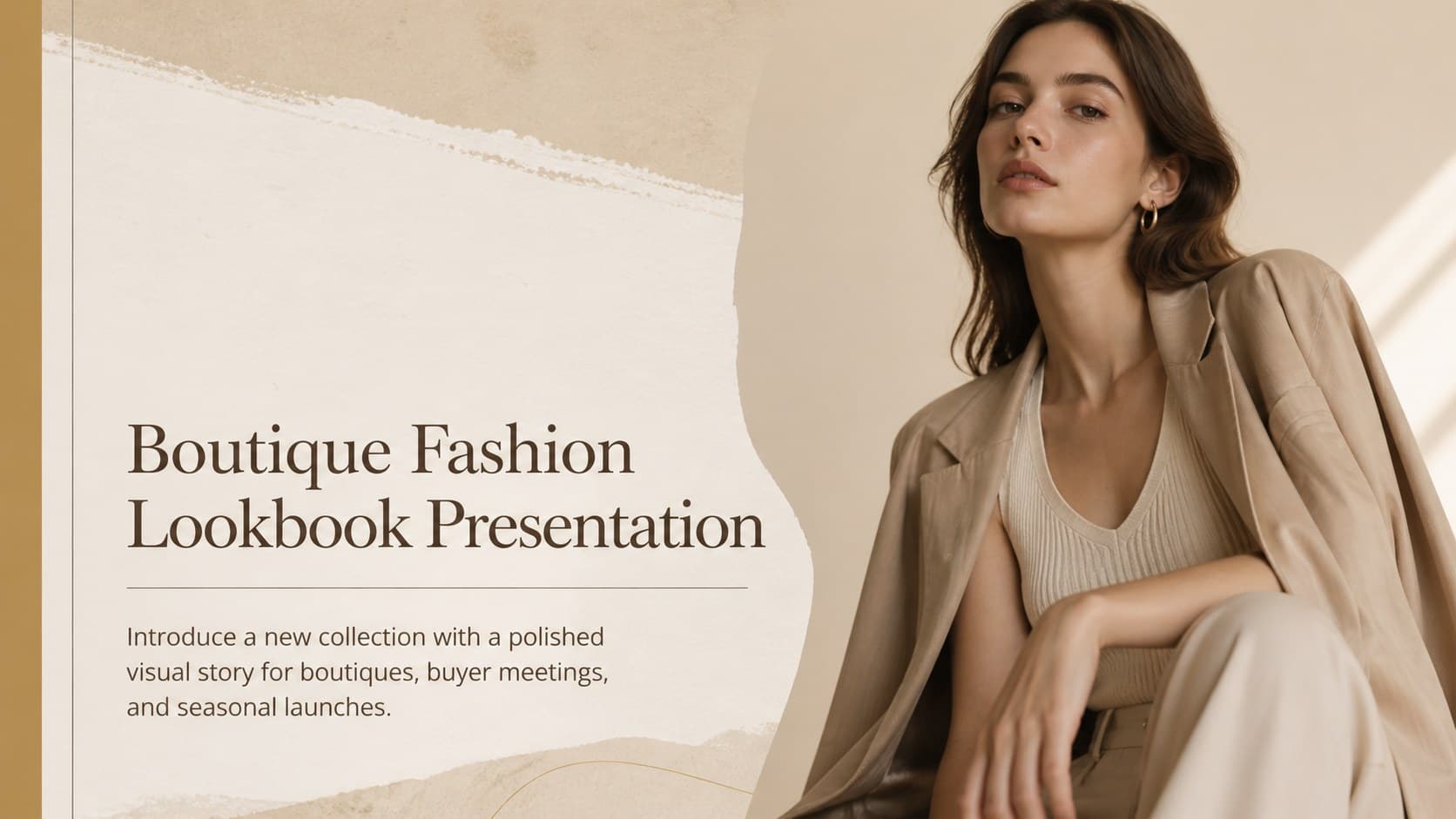 Cover of a boutique fashion lookbook presentation with warm beige, yellow, and brown editorial styling.