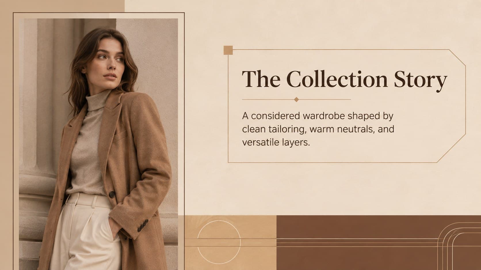 Collection story slide from a fashion lookbook presentation featuring an editorial image and concise brand narrative.