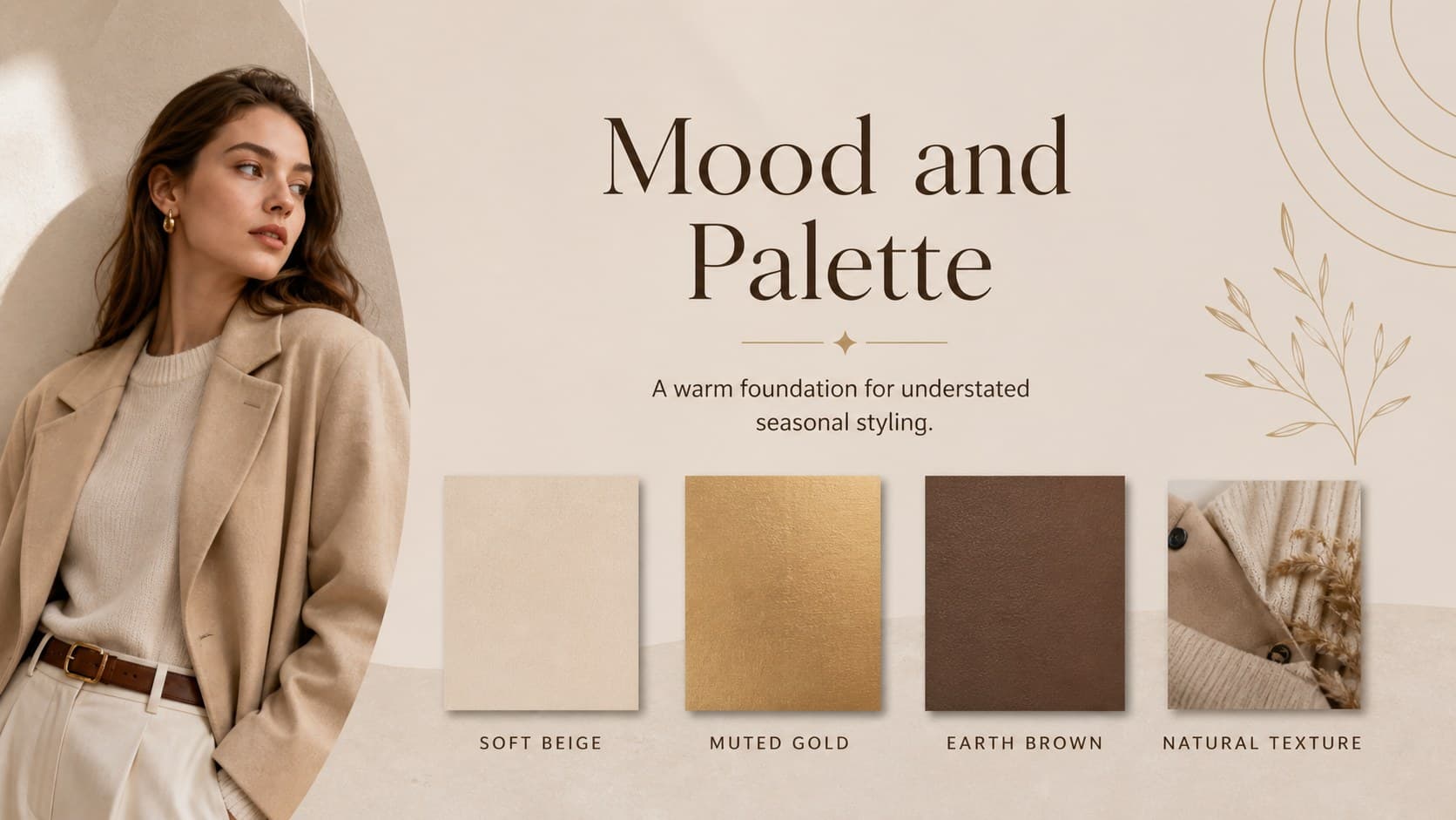 Beige and yellow fashion presentation slide showing the collection mood, materials, and color swatches.
