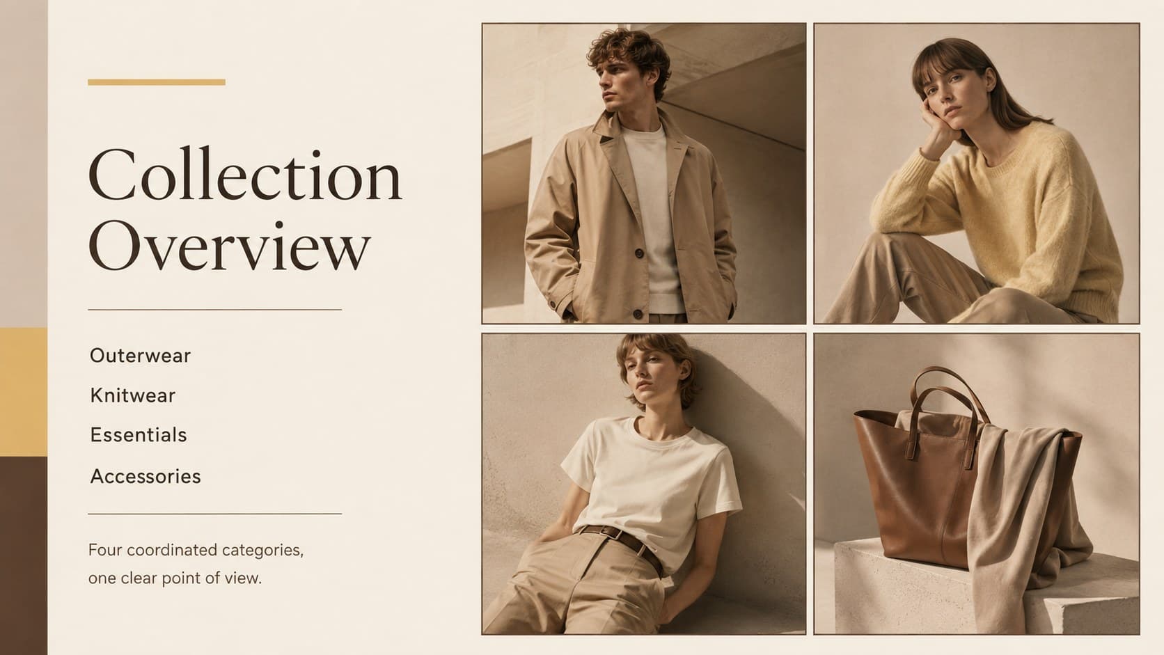 Minimal fashion product catalog slide presenting outerwear, knitwear, and accessories in an organized grid.