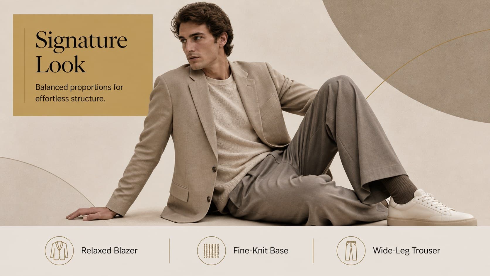 Fashion lookbook presentation slide featuring a signature tailored outfit with editorial product notes.