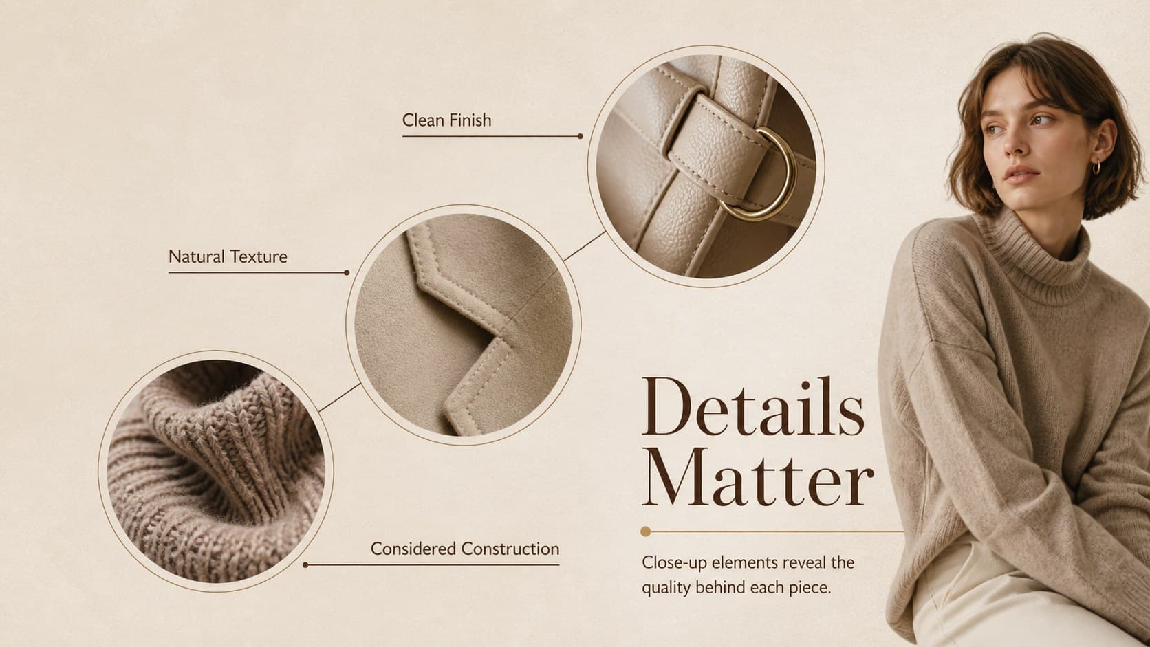 Editorial wardrobe showcase template slide with close-up views of fabric, stitching, and garment finishes.