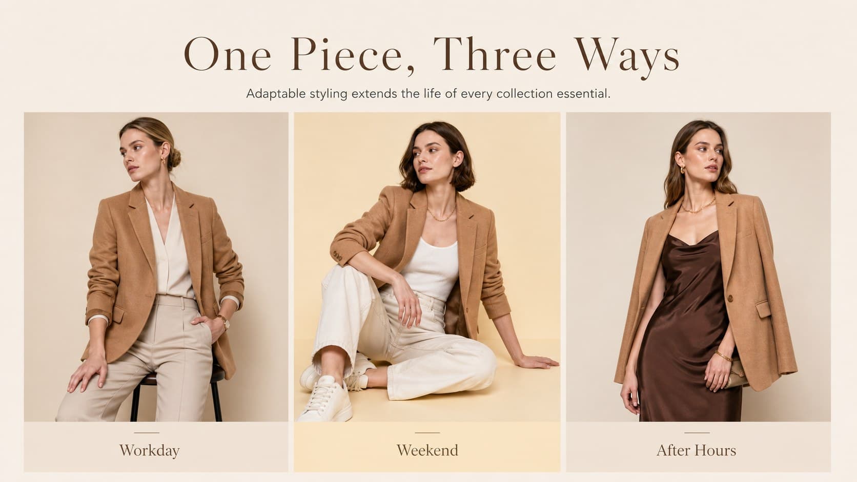 Clothing line presentation slide comparing three ways to style a versatile neutral garment.