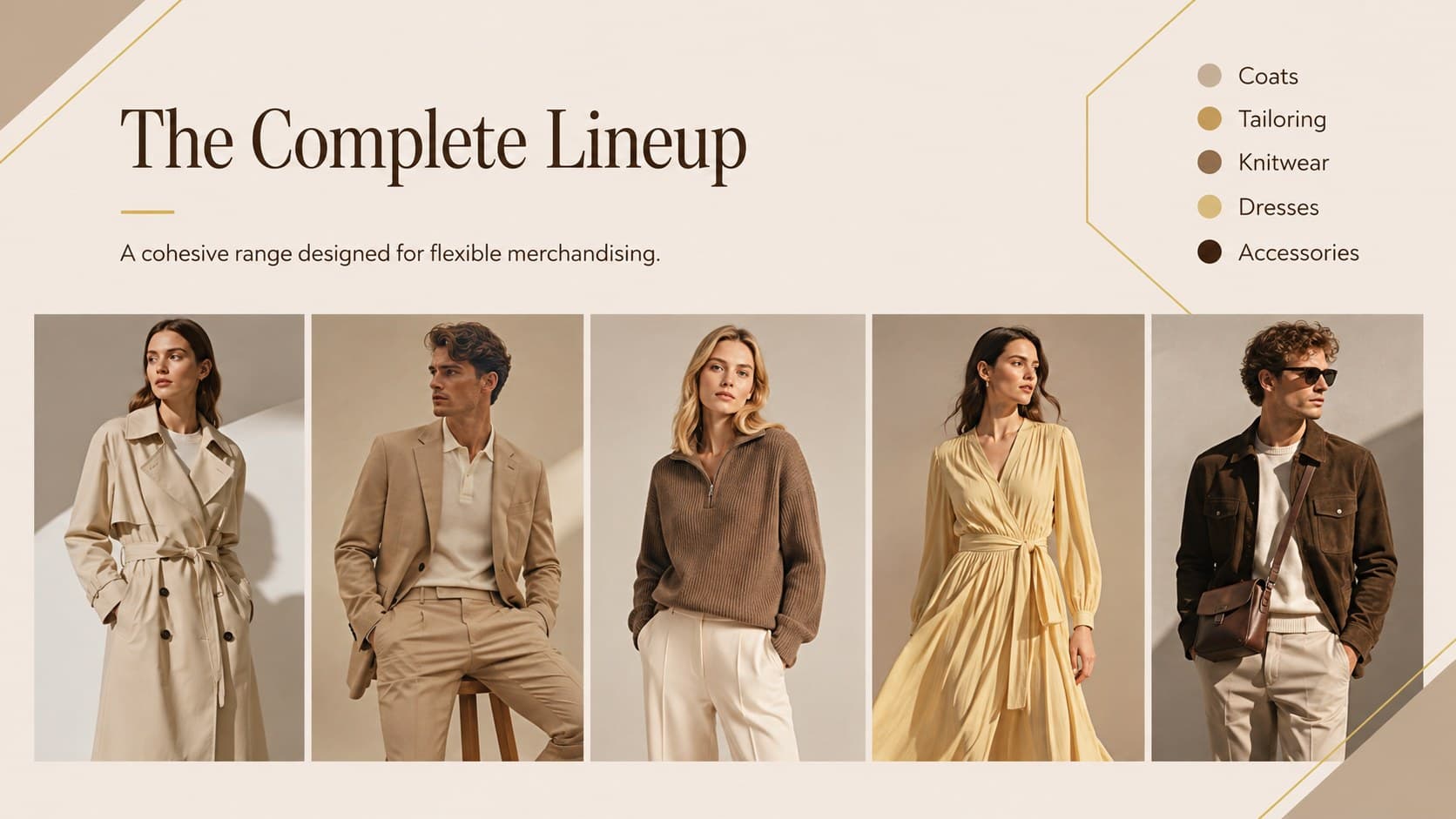 Retail buyer fashion deck slide displaying a coordinated lineup of apparel categories and silhouettes.