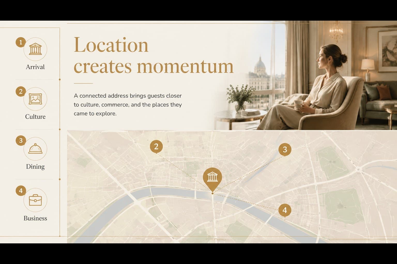 Hotel location slide mapping the destination advantages and nearby travel attractions.