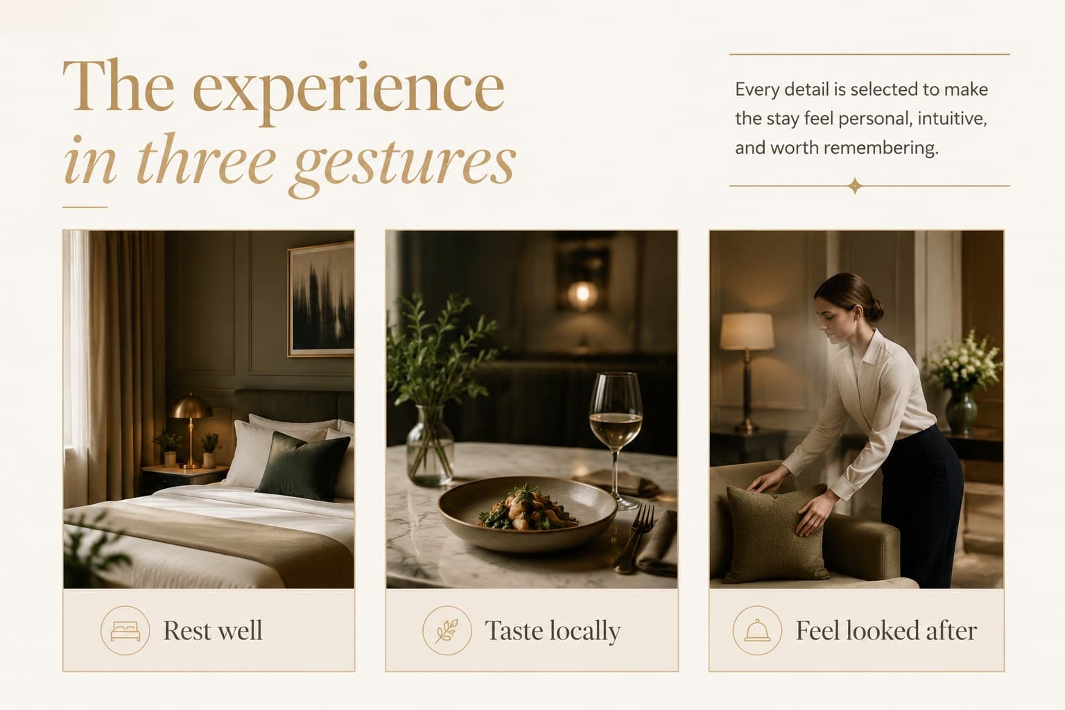 Hotel experience slide showing room, dining, and service pillars in a beige and gold layout.
