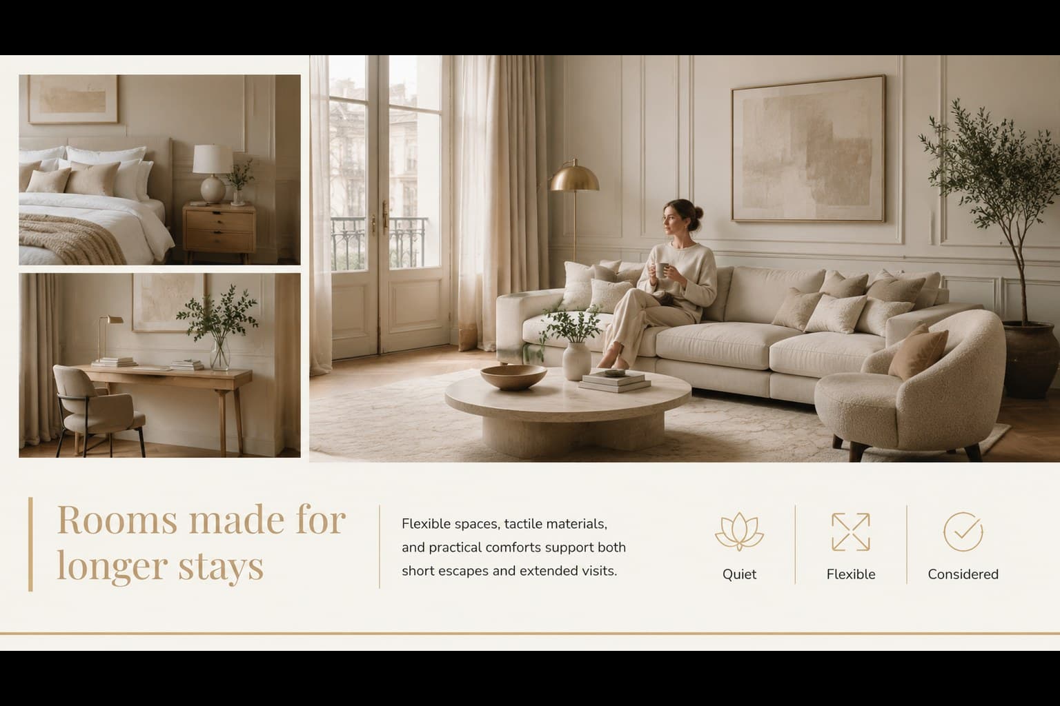 Boutique hotel rooms and amenities slide with image frames and concise feature callouts.