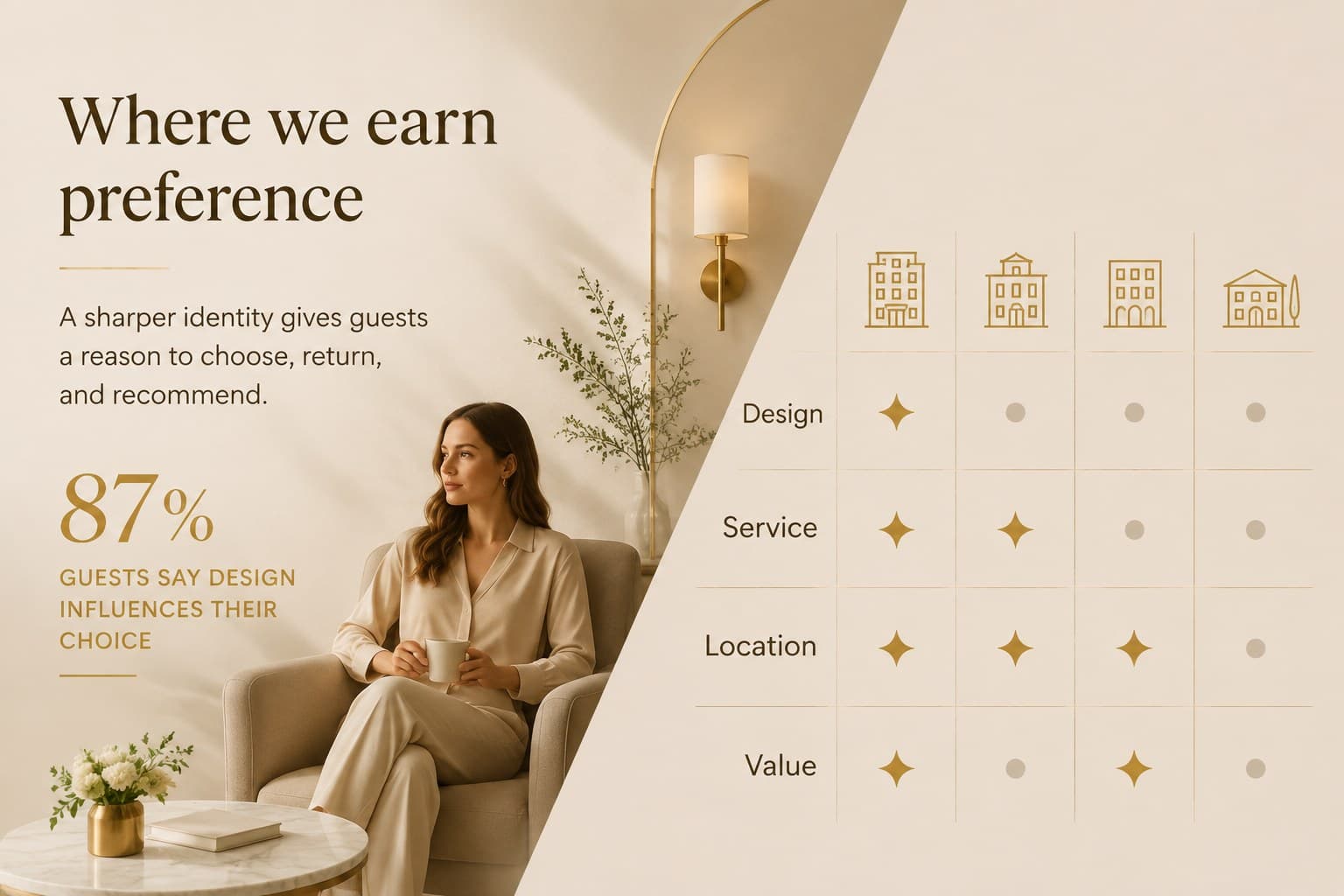 Hotel competitive advantage slide comparing service, design, location, and guest value.