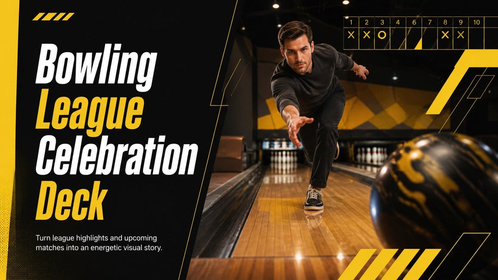 Cover slide for a bowling league celebration deck with bold black-and-yellow sports graphics.