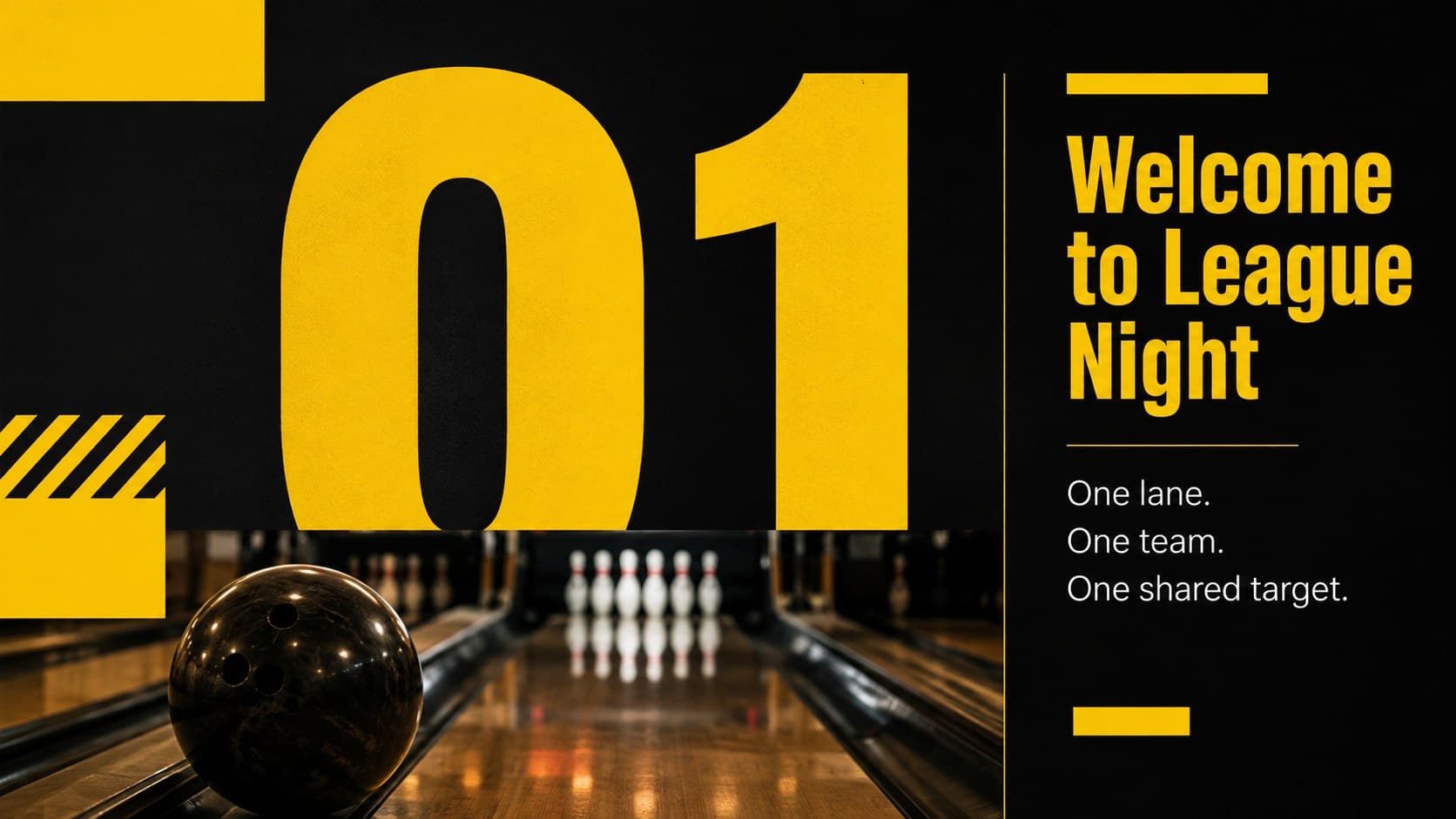League welcome slide introducing a black yellow sports presentation for bowling clubs.