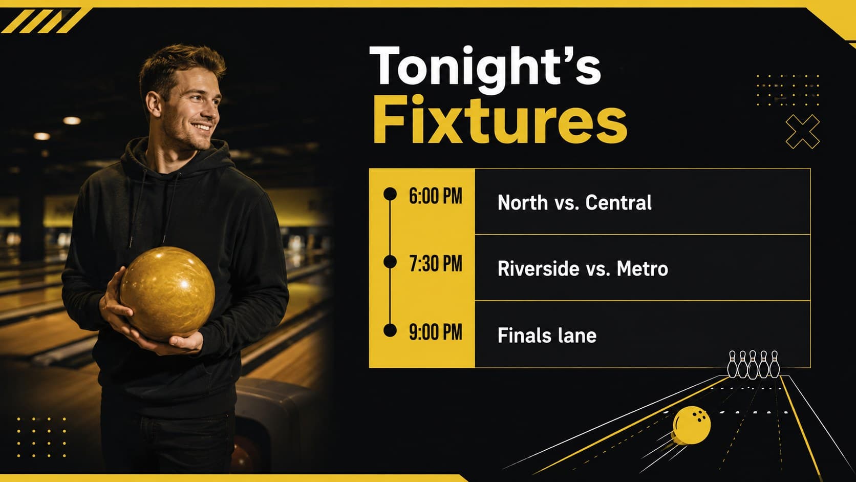 Bowling schedule slide showing fixtures and time blocks in a league event promotion deck.