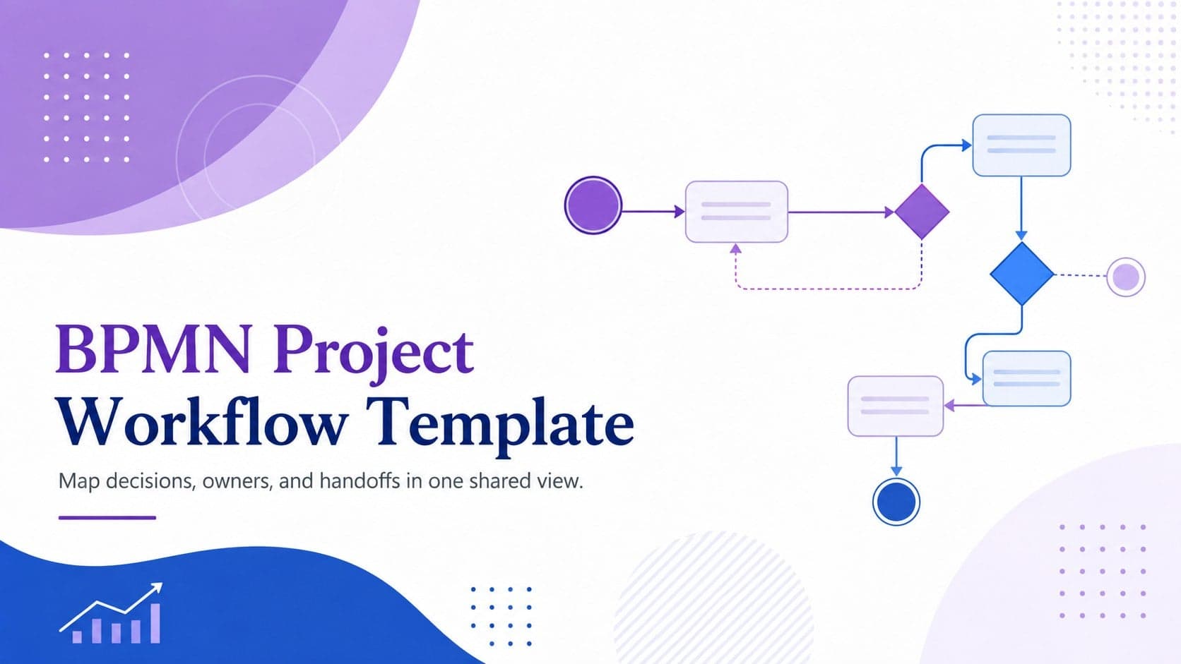 Purple and blue cover slide for a BPMN project workflow template with geometric process symbols.