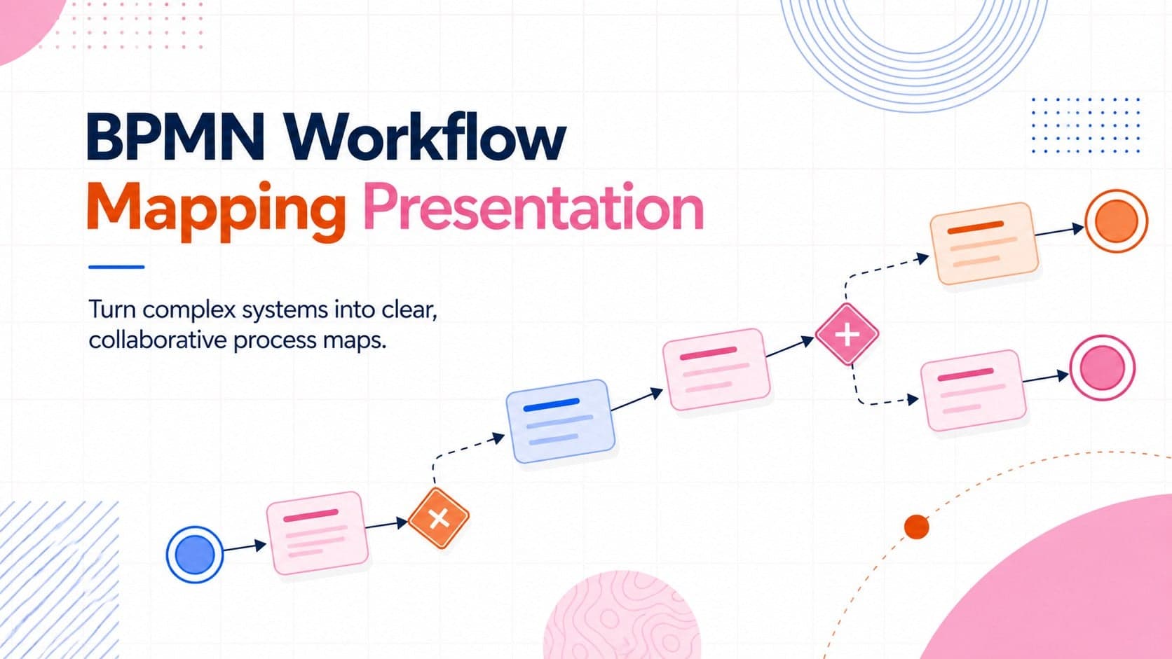 Cover of a BPMN workflow mapping presentation with colorful process nodes and professional whiteboard styling.