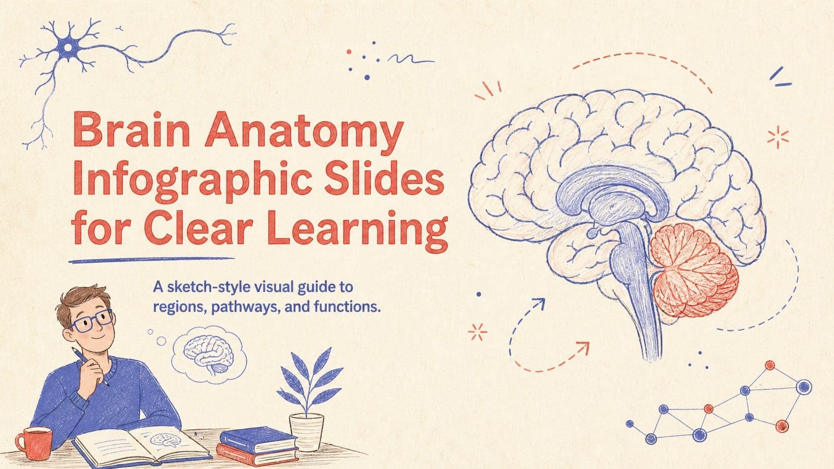 Cover for Brain Anatomy Infographic Slides featuring a hand-drawn brain illustration in beige, red, and blue.