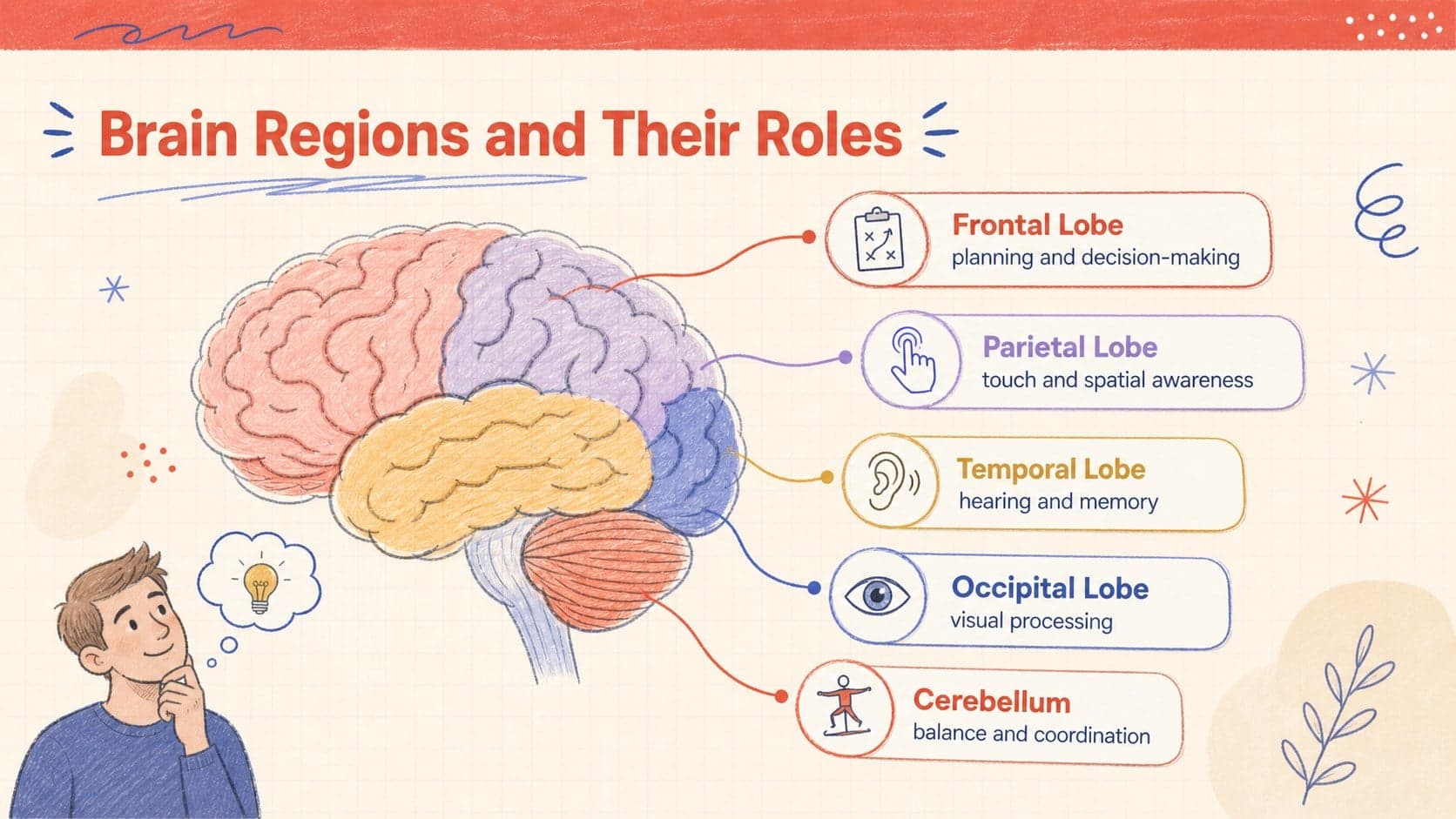 Brain regions and functions visual guide with color-coded anatomy labels and concise educational notes.