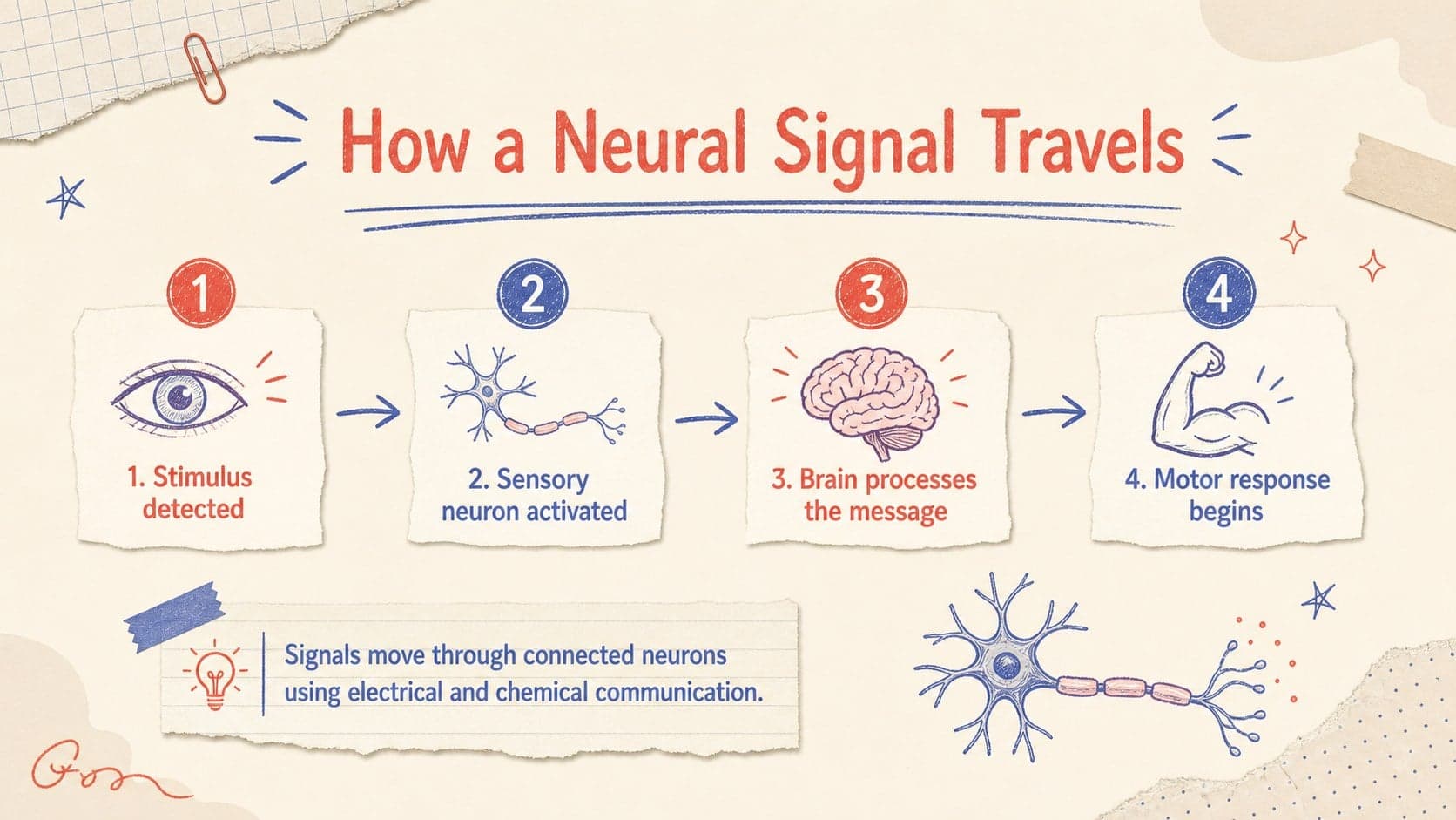 Neural pathways classroom presentation slide showing a four-stage sensory signal route through the nervous system.