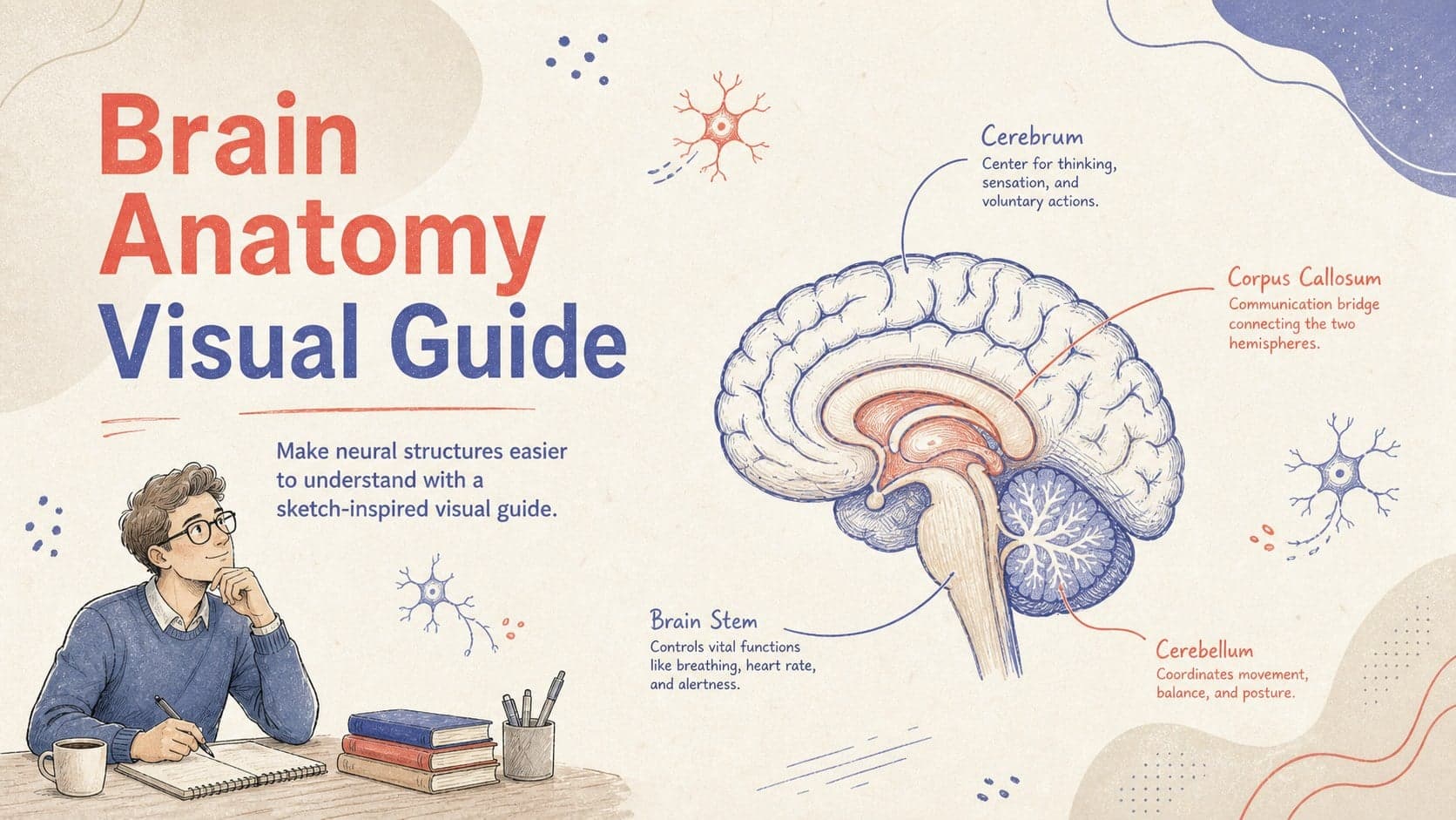 Cover slide for a Brain Anatomy Visual Guide with a hand-drawn brain illustration in beige, red, and blue.
