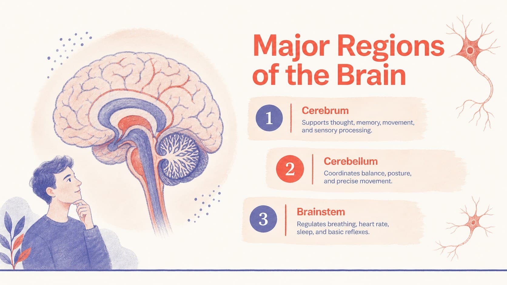 Labeled brain diagram presentation slide identifying the cerebrum, cerebellum, and brainstem with concise callouts.