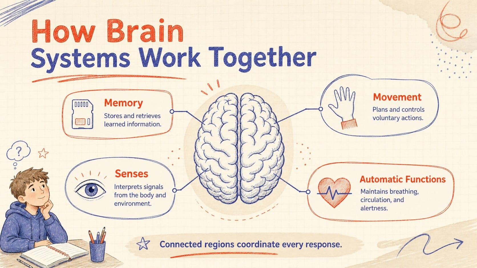 Brain functions classroom visual showing memory, movement, sensory processing, and automatic functions in an illustrated layout.