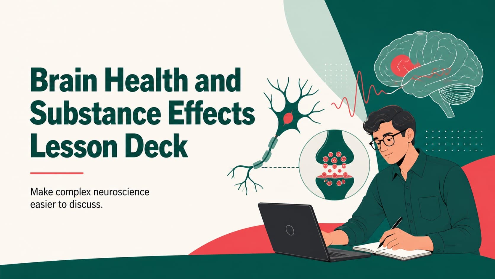 Cover for a brain health and substance effects lesson deck with bold neural illustrations in green, red, and black.