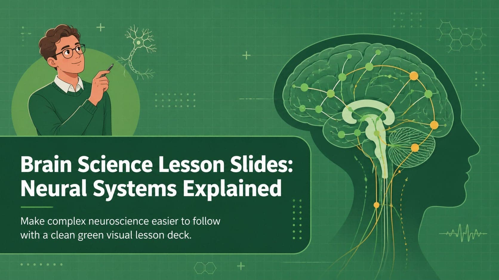 Green cover slide introducing brain science lesson slides with a clean neural illustration.